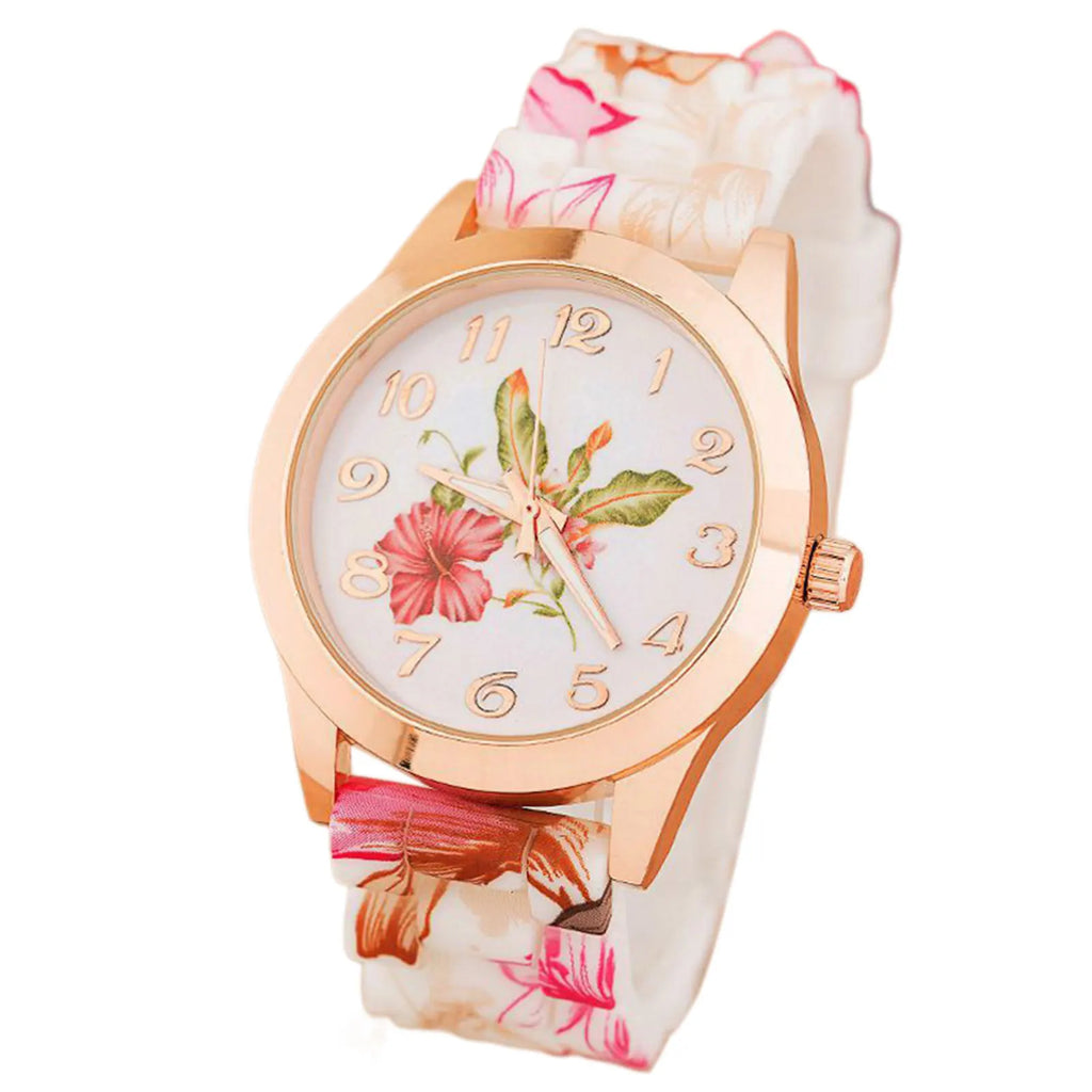 Women's Floral Dial Quartz Watch – Elegant Silicone Wristwatch