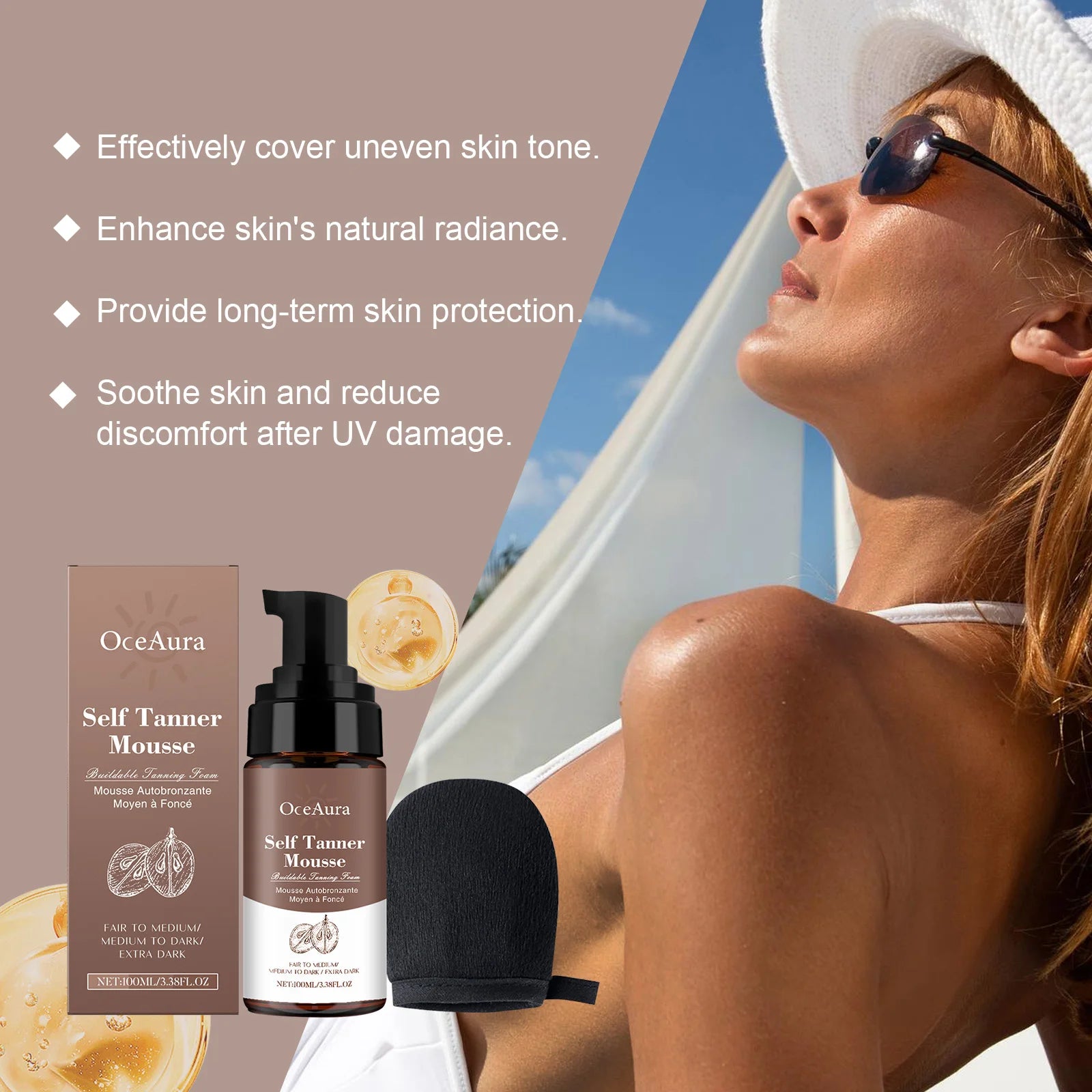 Sunless Self Tanning Mousse Lasting Natural Tanning Effect Use Evenly Nourish Skin For All Skin Types Buildable Self Tanner Foam Oasis Select