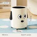 A trash can with wheels. Features a cute cartoon dog design. Practical and serves as a home decor item. Oasis Select B