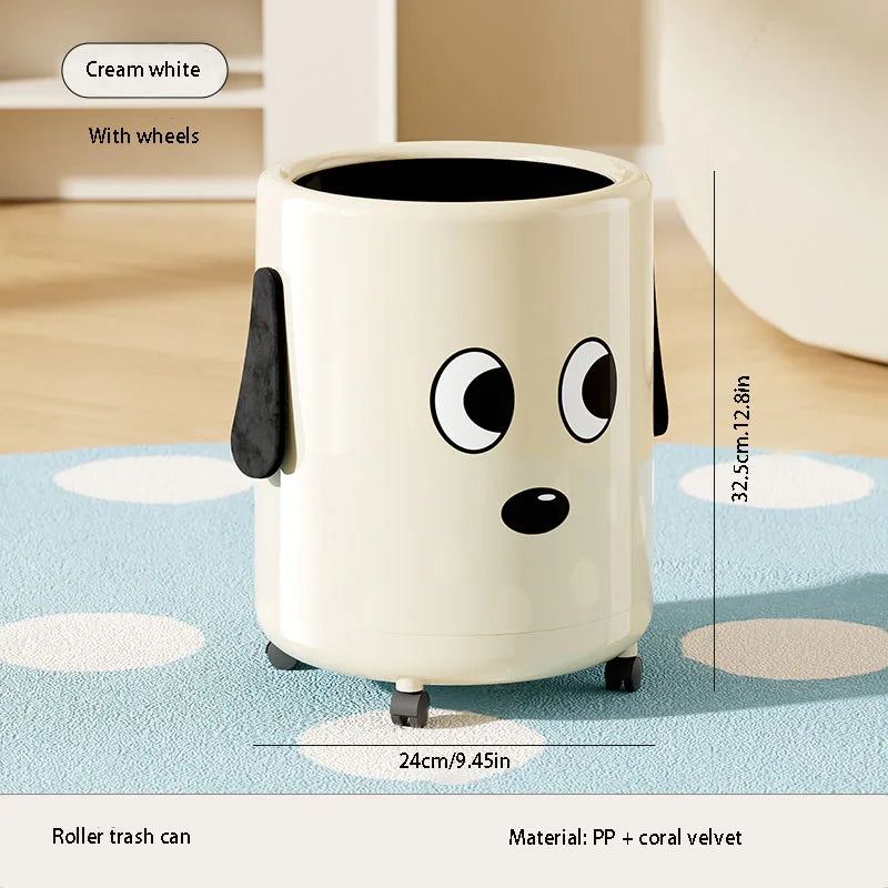A trash can with wheels. Features a cute cartoon dog design. Practical and serves as a home decor item. Oasis Select B