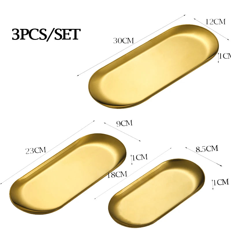 3pcs/set Gold Silver Stainless Steel Dessert Dining Plate Nut Cake Fruit Plate Towel Tray Snack Western Steak Kitchen Plate Oasis Select 3pcs gold