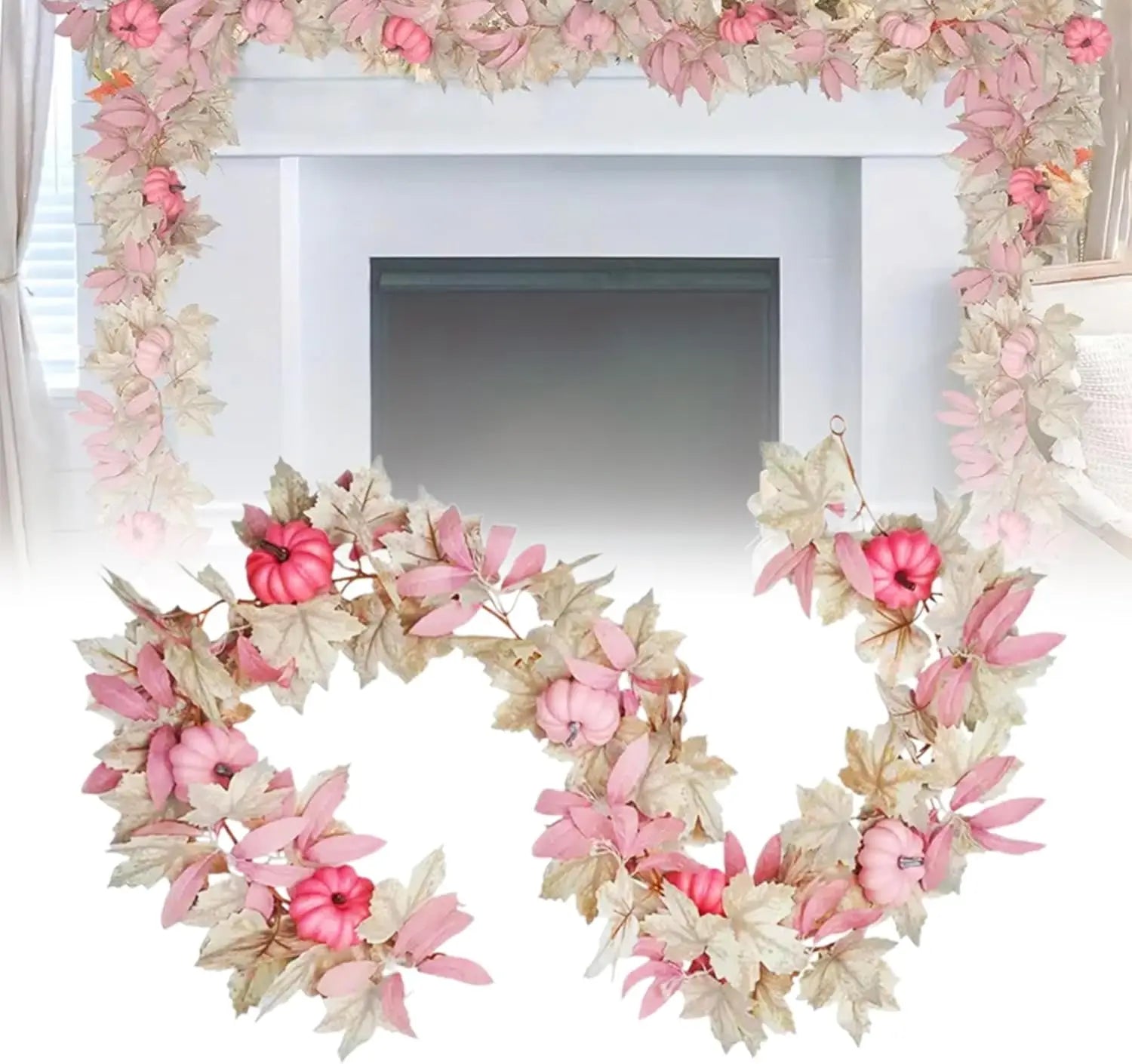 Fall Maple Leaves Garland Hanging Artificial Autumn Garland with Pink Pumpkins Flowers Berries For Halloween Thanksgiving Decor Oasis Select