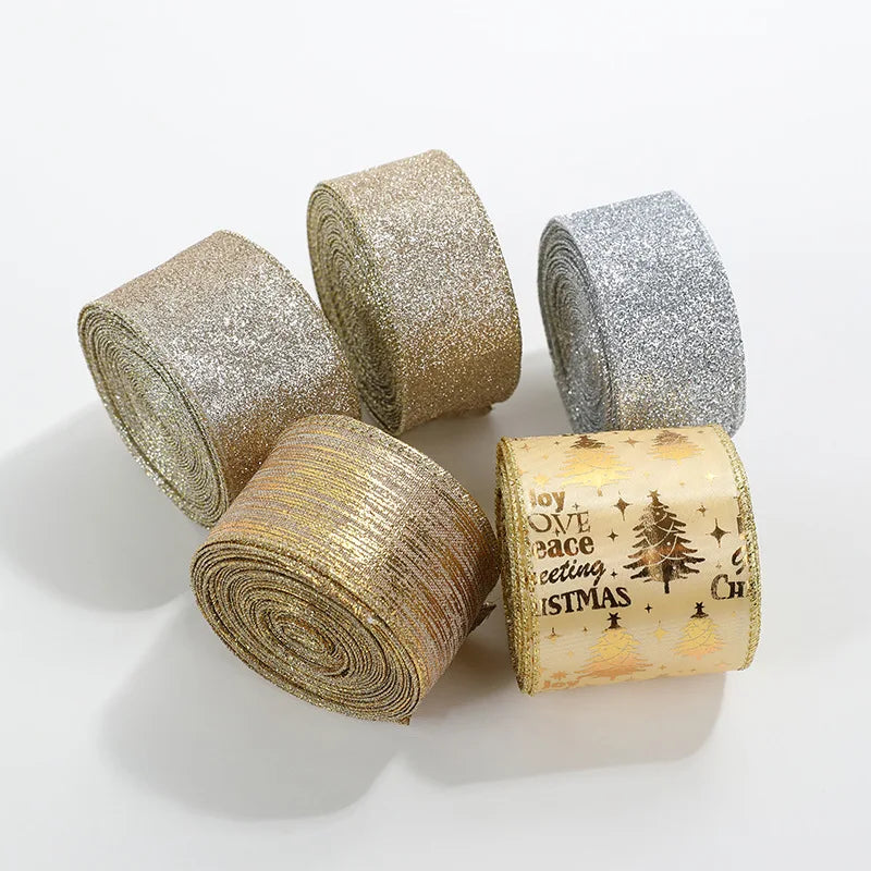 2m Glitter Christmas Ribbon Gold Silver Champagne | Xmas Bow