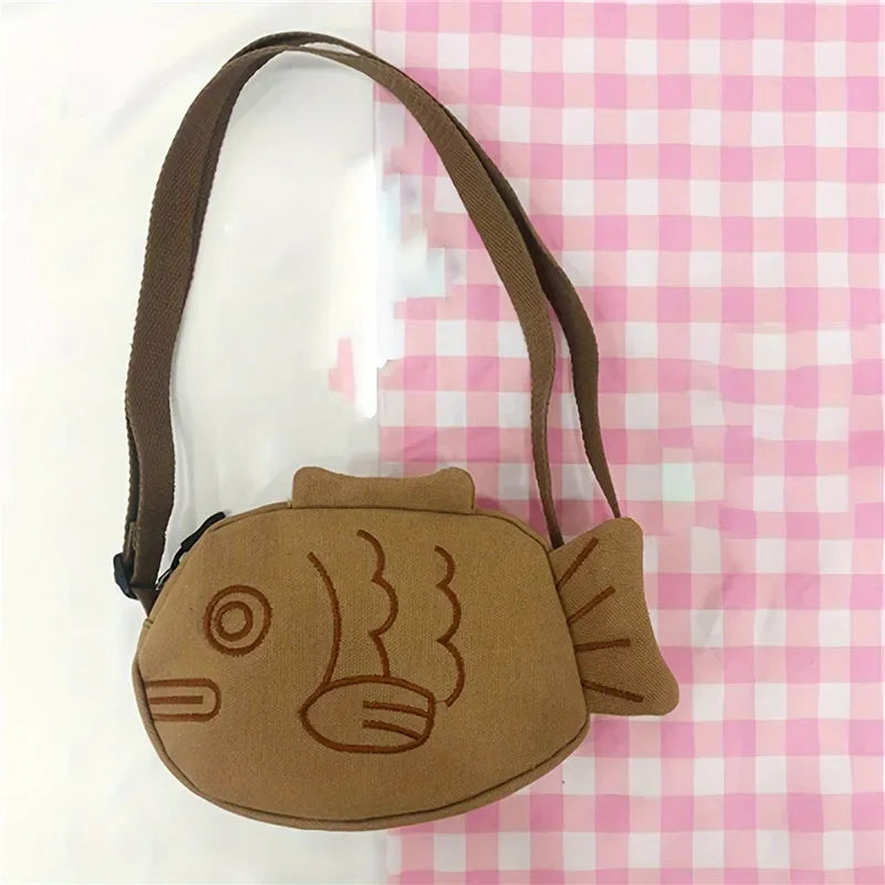 Fish Shape Canvas Messenger Bag Fashion Cute Embroidery Portable Zippered Small Purses Handbags Mini Crossbody Bag Oasis Select