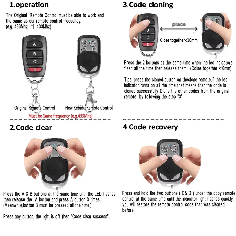 Remote Control 433MHz Car Key Garage Door Gate Opener Remote Control Duplicator Clone Cloning Code 4-Button Transmitter Oasis Select
