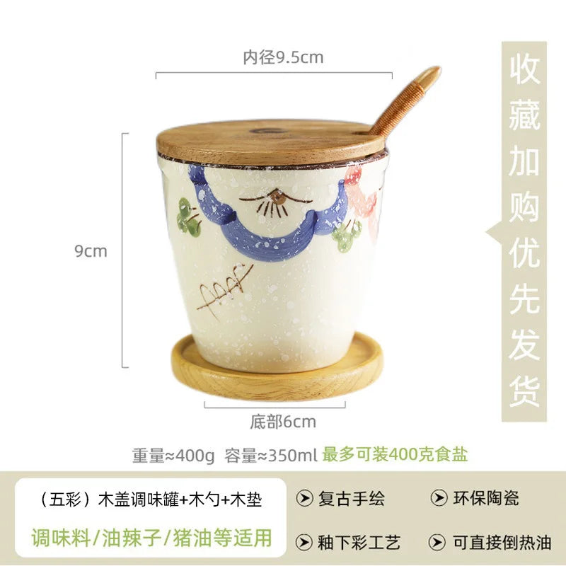 Ceramic Retro Seasoning Pot Hand-painted Salt Pot Oil Tank Pepper Pot for Kitchen Oasis Select spoon wooden mat