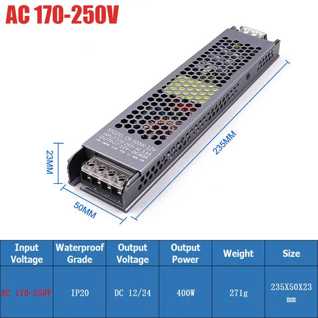 Ultra Thin LED Power Supply DC 12V 24V TO AC 110V 220V Lighting Transformers 60W 100W 200W 300W 400W 500W Driver For LED Strips Oasis Select 400W 24V