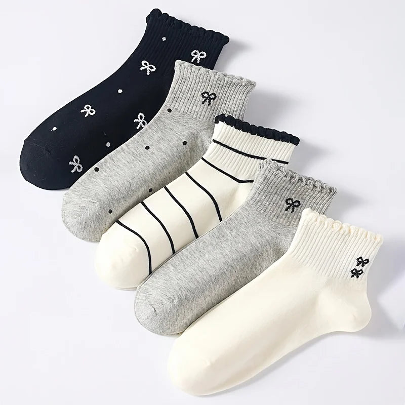 5 Pairs of Cute Breathable Striped Butterfly Bow Polka Dot Pattern Short Invisible Socks for Women, Suitable for Daily Wear Oasis Select