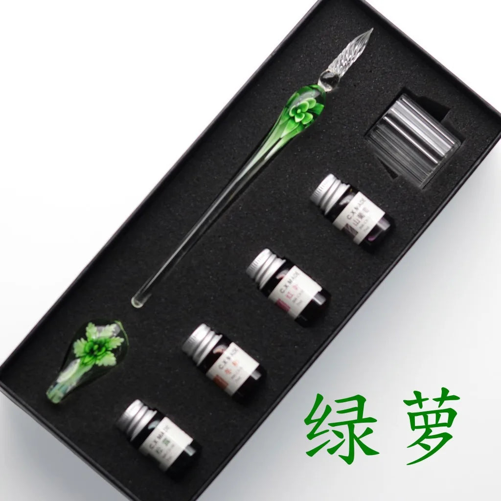Embedded flower glass pen set, colored dipping pen, street vendor gift box, signature pen, glass pen gift Oasis Select 11