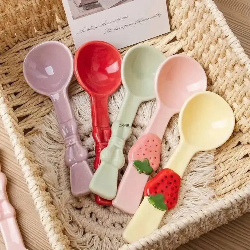 Strawberry Bowknot Spoon Creative Girly Ceramic Spoon High-Value Long Handle Dessert Spoon Kitchen Tablewear Oasis Select