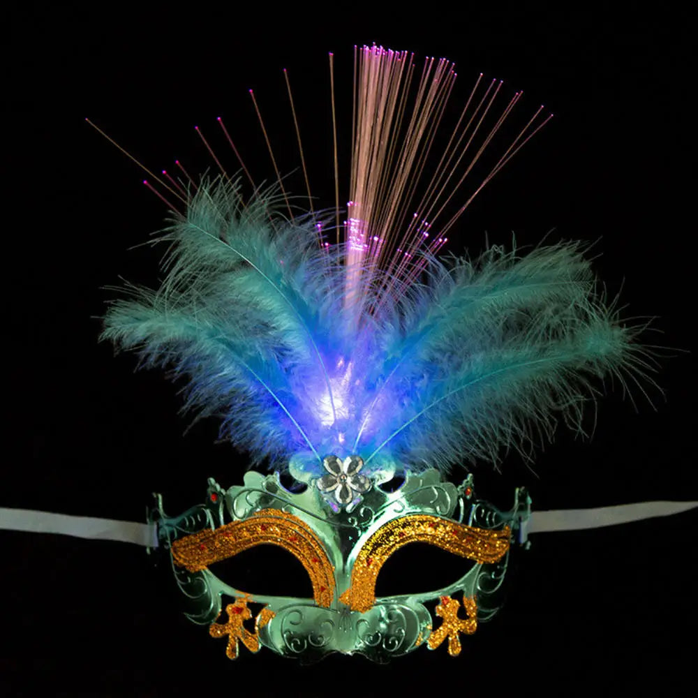 Women LED Party Mask Masquerade Luxury Peacock Feathers Half Face Mask Cosplay Costume Venetian Mask Oasis Select bLUE