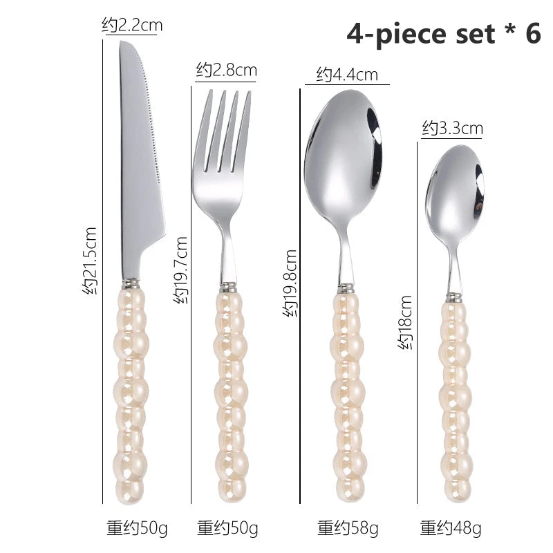 24-Piece Pearl Handle Stainless Steel Cutlery Luxury Forged Knife Fork Spoon Shell Spoon Kits Dessert Steak Dining Tableware Oasis Select Cream-coloured-24pcs