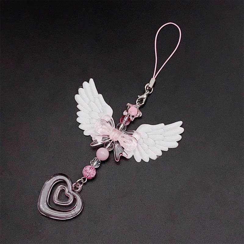 Bowknot Phone Chain Angel Wing Pendant Keychain Sweet Cool Key Phone Lanyard Acrylic Keyring Bag Ornament Oasis Select