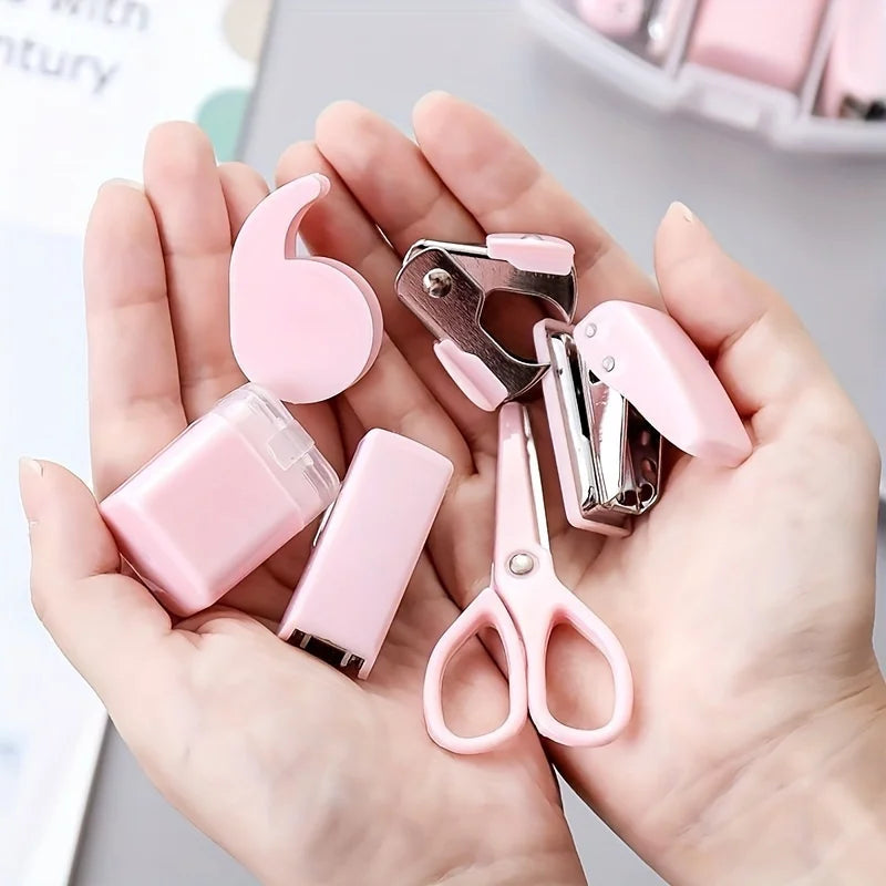 8PCS portable office school mini stationery gift box, including puncher, stapler, small tape, pencil case, scissors, 500 staples Oasis Select