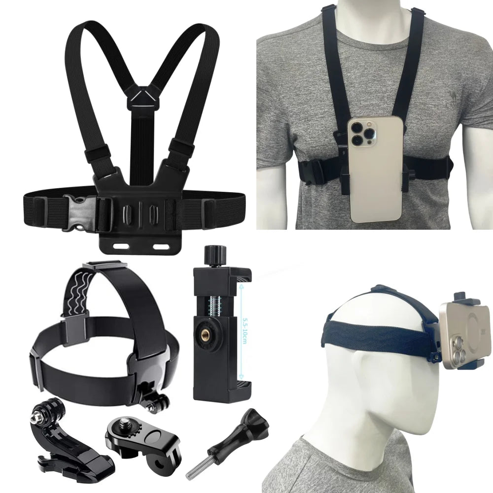 6-Piece Action Camera Mount Kit – Head & Chest Strap for GoPro