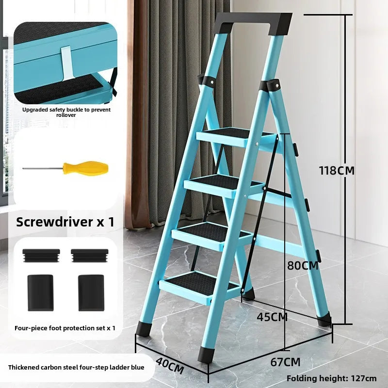 Home ladder stool folding zigzag ladder anti slip pedal ladder indoor and outdoor multifunctional portable ladder Oasis Select Four steps blue