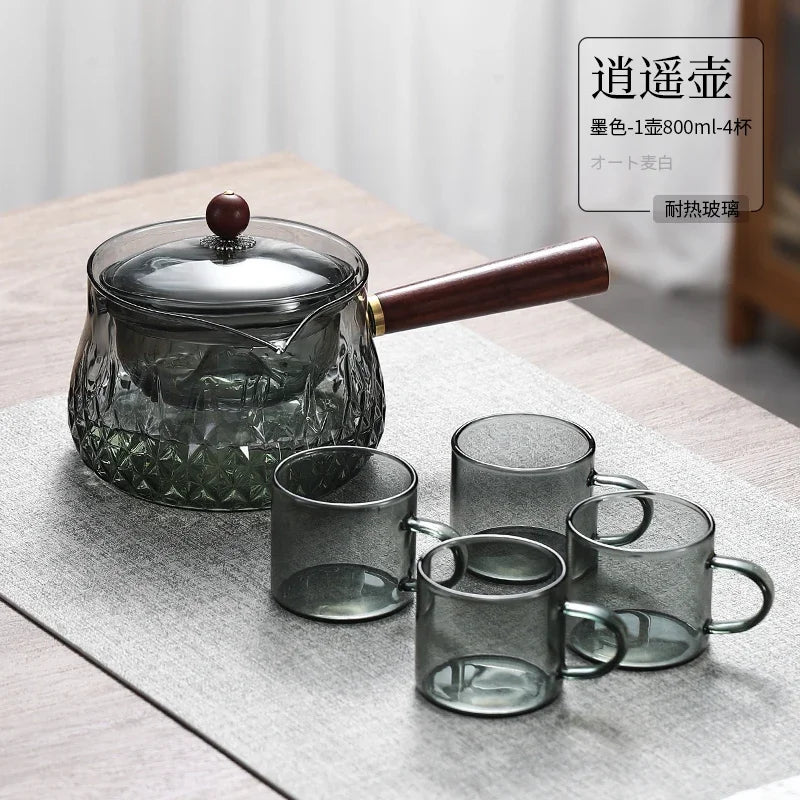 The Side of The Leisure Pot Household Heat-resistant Glass Teapot Rotating Small Green Orange Tea Tea Set Boiling Teapot Oasis Select C set