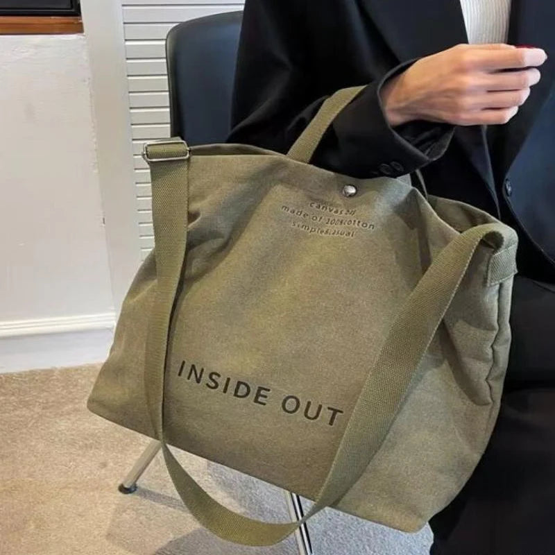 1Pcs Beige Canvas Tote Bag Adjustable Strap Large Capacity Shoulder Bag For School Commute Shopping Travel Oasis Select