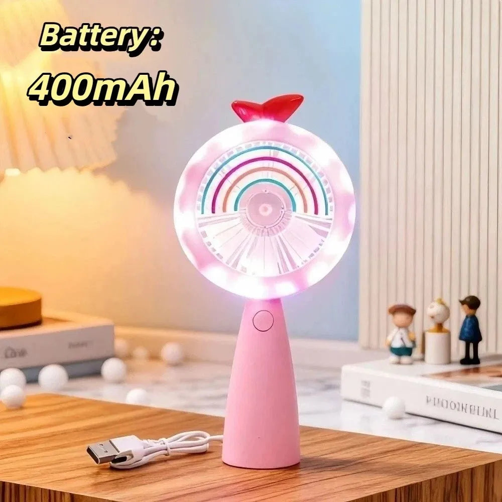 Cute Rainbow Light Portable Handheld Mini Fan Compact Design Lightweight Build Desktop Cooling Fan Stable Operation Oasis Select Pink