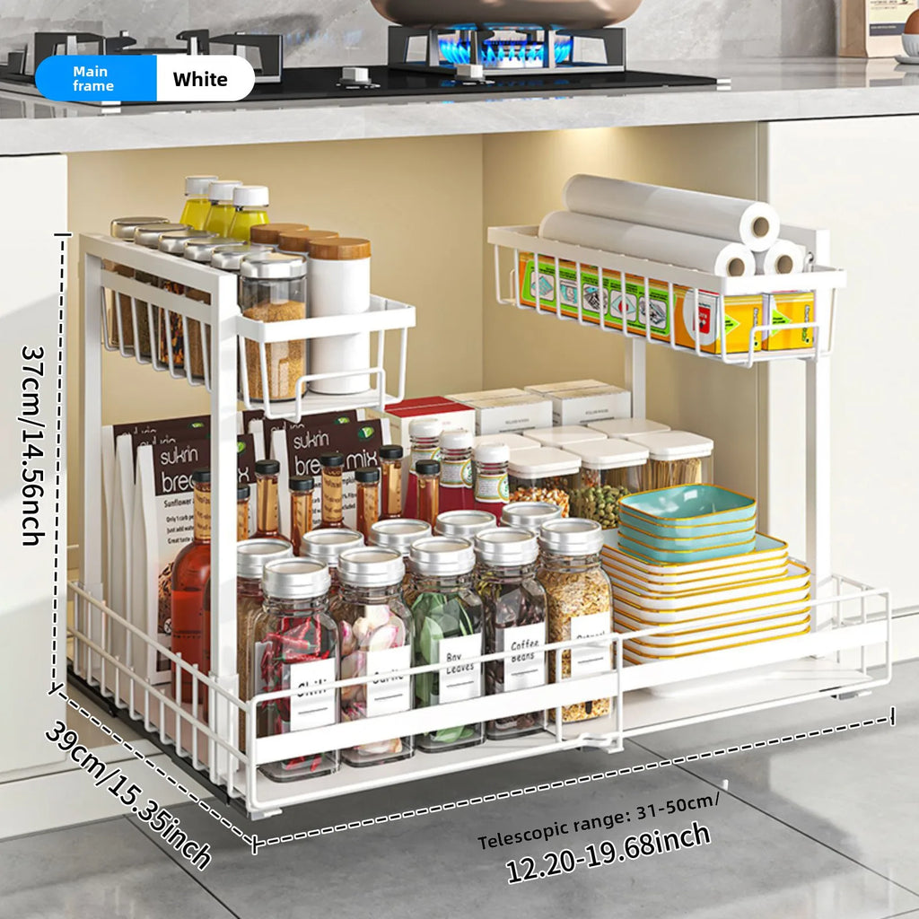 Retractable kitchen sink rack double-layer cabinet seasoning basket multi-functional storage rack under the sink Oasis Select Double white