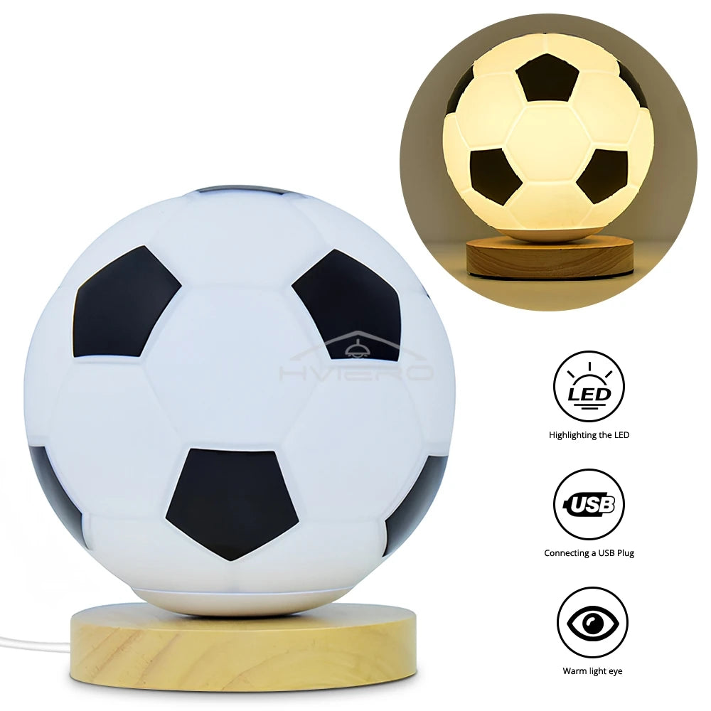 Football Theme USB Table Lamp – Wood Base & Glass Desk Light