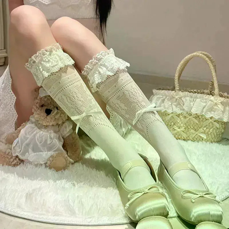 Slouch Socks Ballet Bow Mid Calf Lace Women Thin Hollow Out Summer Breathable Soft Socks for School Date and Fitness Oasis Select