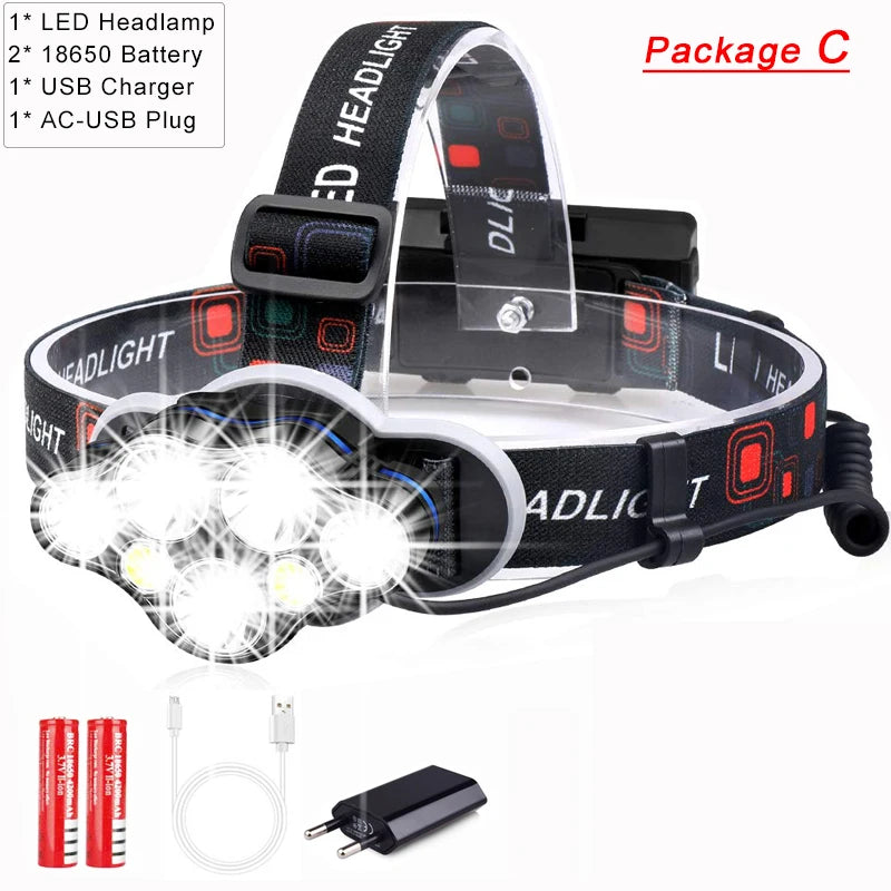 Most Powerful 7 LED Headlamp 18650 Rechargeable Headlight Waterproof Head Lamp Super Bright Head Flashlight Oasis Select Package C