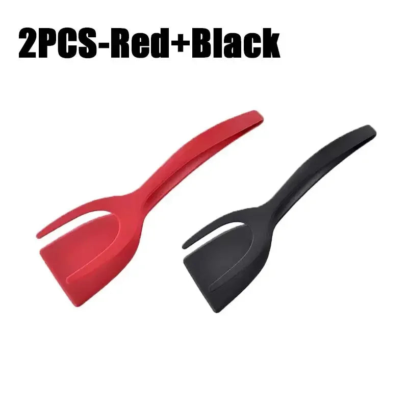 2 in 1 Shovel Clip Silicone Grip Flip Tongs Egg Steak Spatula Tongs Clamp Pancake Fried Turners Cooking Tool Kitchen Accessories Oasis Select 2PCS-Black-Red