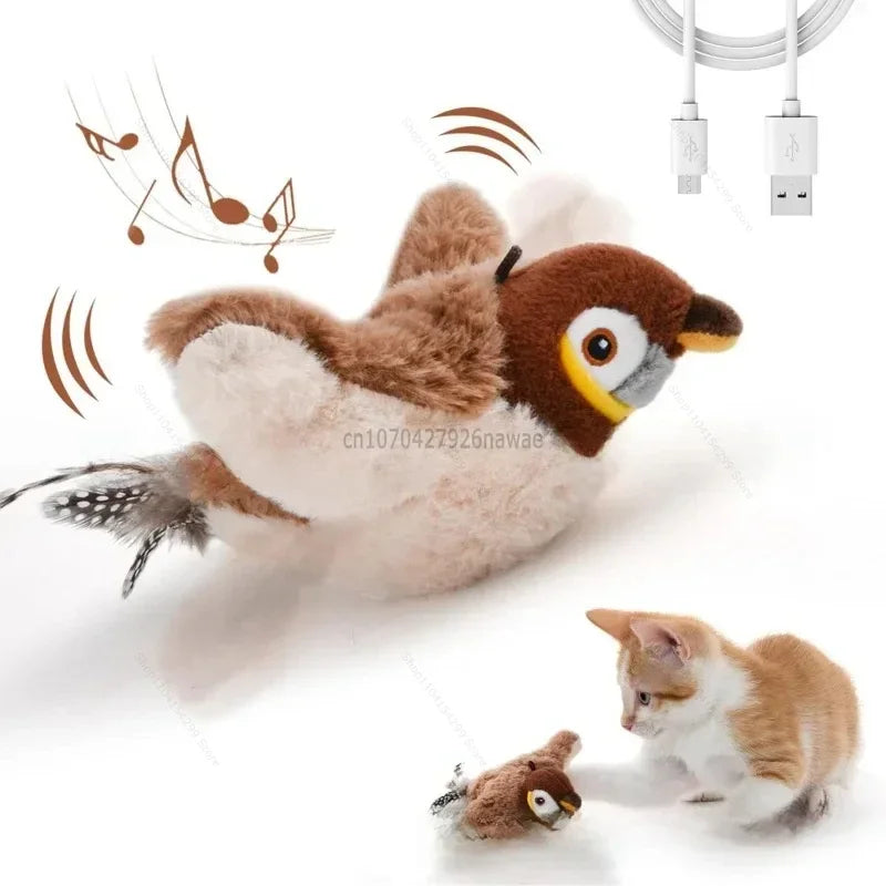 Interactive Cat Toys Rechargeable Electric Chirping Flapping Wings Bird with Catnip Cats Touch-Activated Squeaky Plush Toy Pet Oasis Select Sparrow
