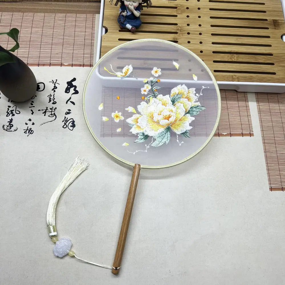 China Fan Wholesale Semi-Transparent Long Handle Tassel Dance Fan Female Costume Hanfu Cheongsam Embroidery Small Round Fan Oasis Select Yellow