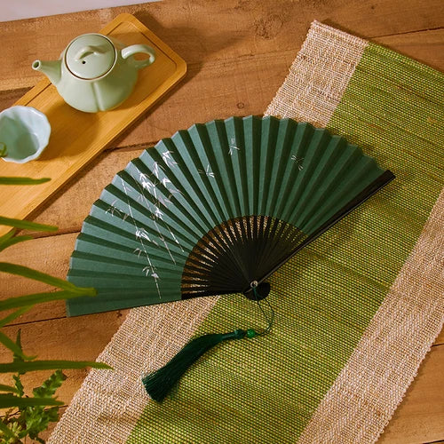 21cm Chinese style retro style green series Cherry Blossom gradient folding fan daily portable dance cheongsam fan Oasis Select 9