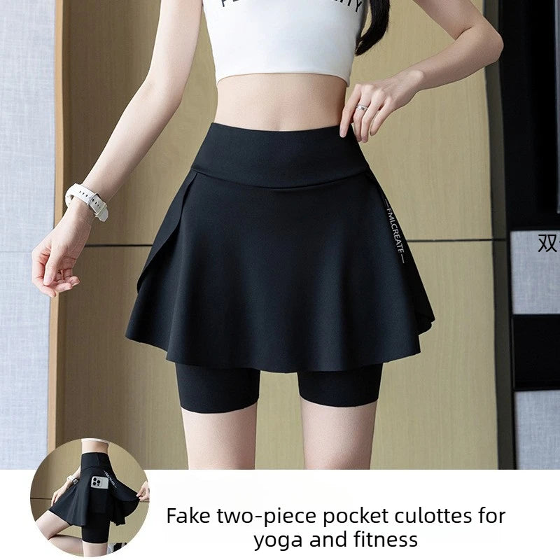 Fake Two Piece Skirt Leggings Summer Casual Shorts with Pockets Bike Shorts for Women Yoga Running Outdoor Anti Chafing Oasis Select Black XL