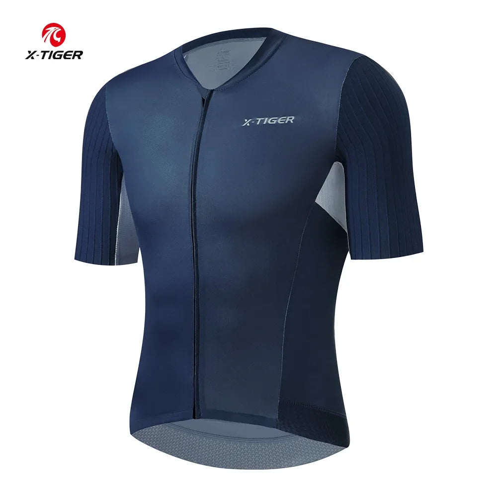 X-TIGER High Quality Cycling Jersey Sports Breathable Short Shirt Slim Bicycle Clothes Professional Men TMB Road Racing Jersey Oasis Select Deep Blue Asian-XL