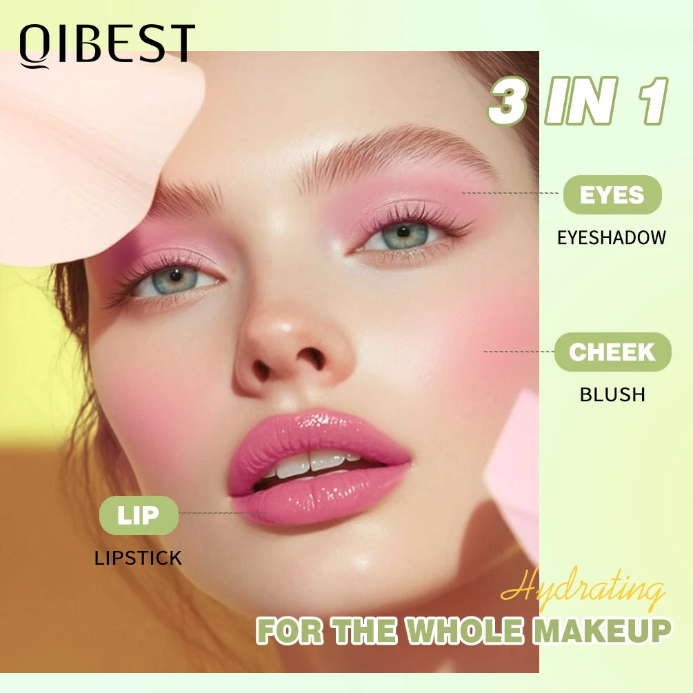 QIBEST 3 Colors Jelly Blush Stick Lip Balm Eyes 3-in-1 Multi-Use Matte Blush Moisturize Brighten Lipstick Watercolor Cosmetics Oasis Select