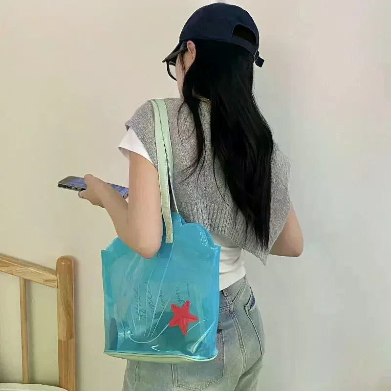 Korean Fashion PVC Shell Shoulder Bag Ins Style Girly Blue Transparent Handbag Female Waterproof Portable Tote Bags Oasis Select