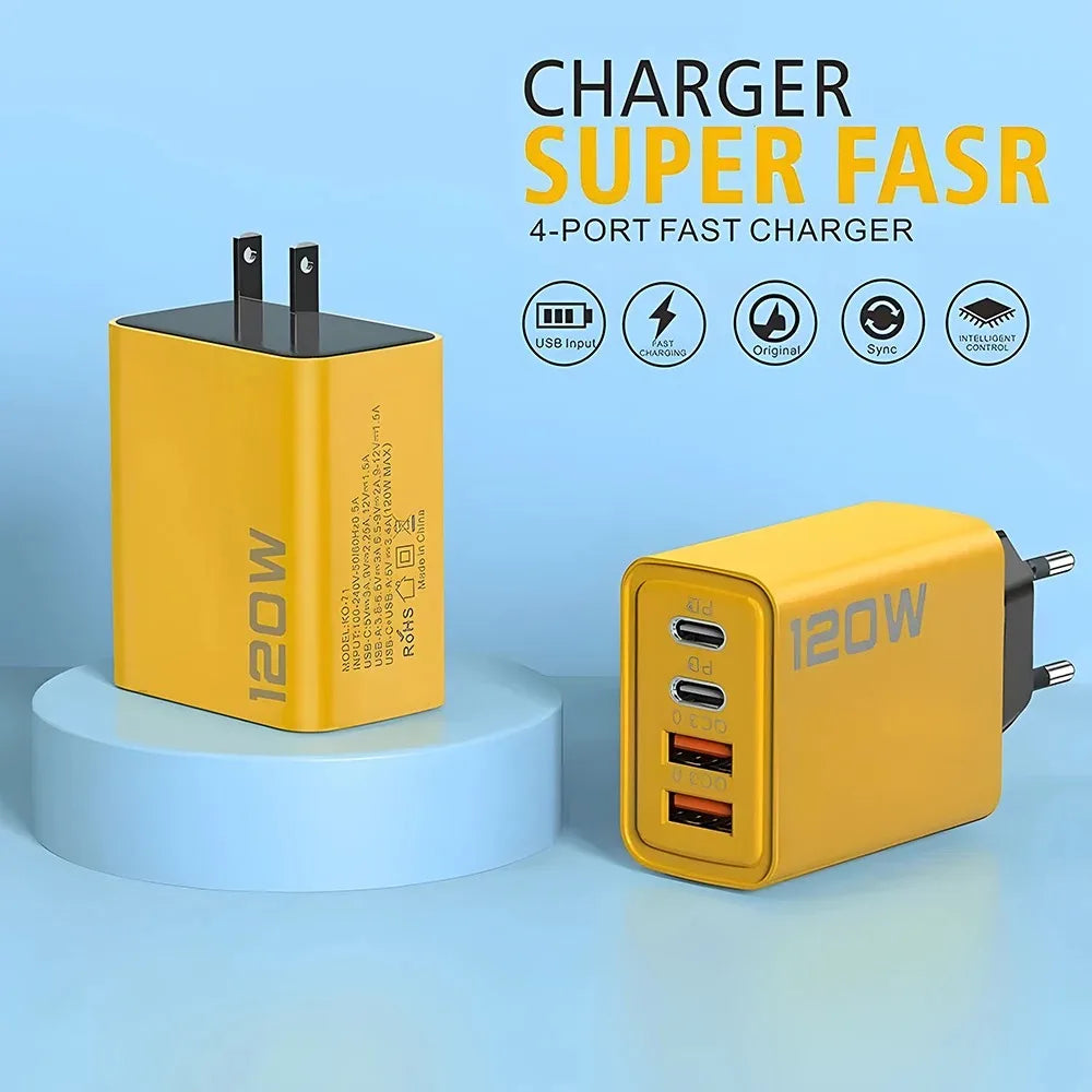 tatol 120W 4-Port USB Type C Fast Wall Adapter for Quick Charge Mobile Phone - High-Speed Charging Dock for Phones Tablets Oasis Select