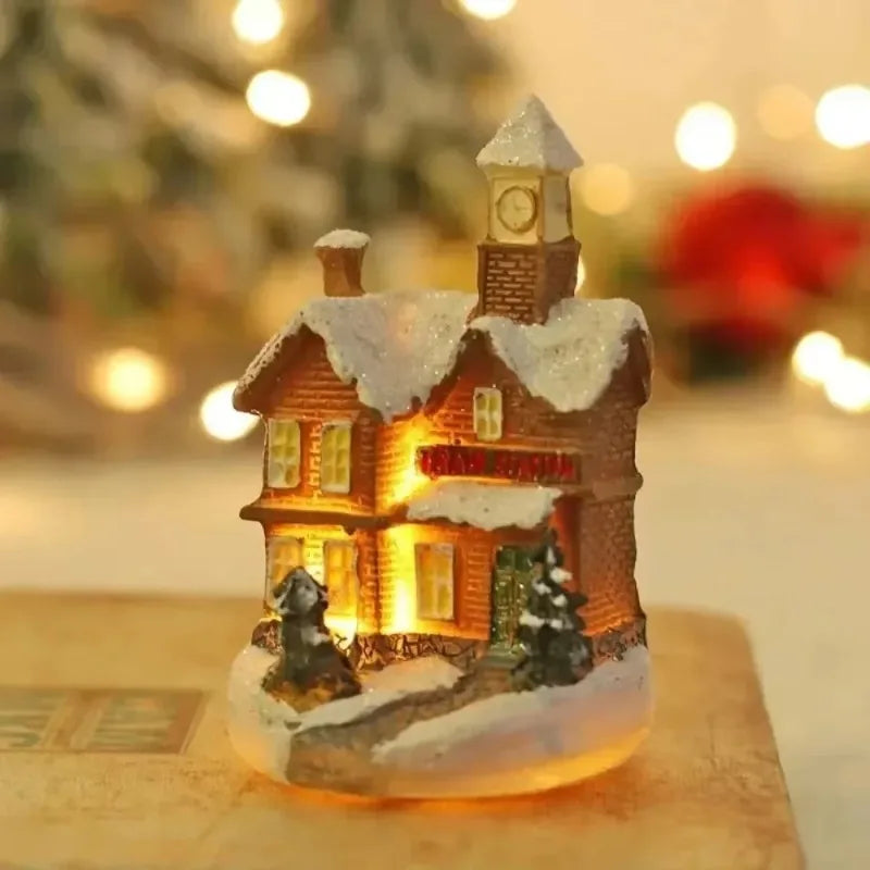 Christmas Snowman Luminous Decoration Resin Santa Claus Shop Micro Landscape Ornaments Christmas LED House Pine Needles Snow Oasis Select
