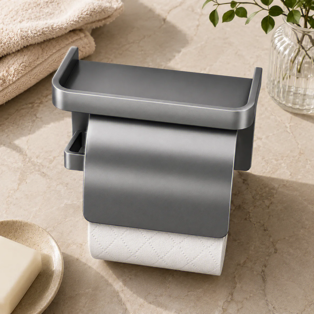 Self Adhesive Toilet Paper Roll Holder with Storage Rack Perforated Installation Tissue Holder Toilet Paper Holder Oasis Select