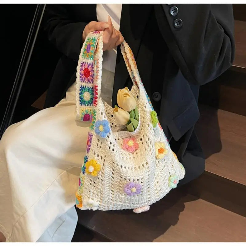 Large Capacity Boho Tote Bag Trendy Floral Crochet Handbag Vintage Multicolor Cut-out Knitted Handbag Fashionable Hollow Out Oasis Select
