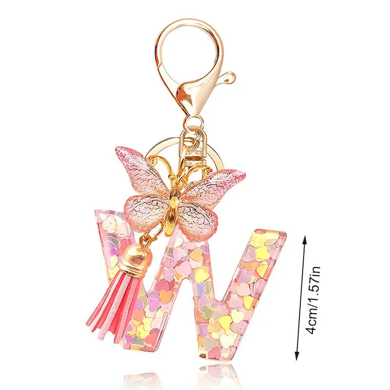 1pc Pink Glitter Letter Keychain with Heart Butterfly Tassel Crystal Resin Charm Fashion Accessory Gift for Women & Girls Oasis Select W