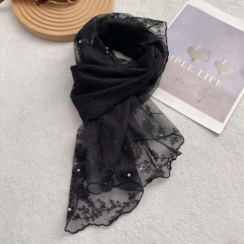 Retro Lace Long Scarf Embroidered Flower Small Flower Headscarf Tide Long Thin Neckerchief Spring and Summer Oasis Select Black