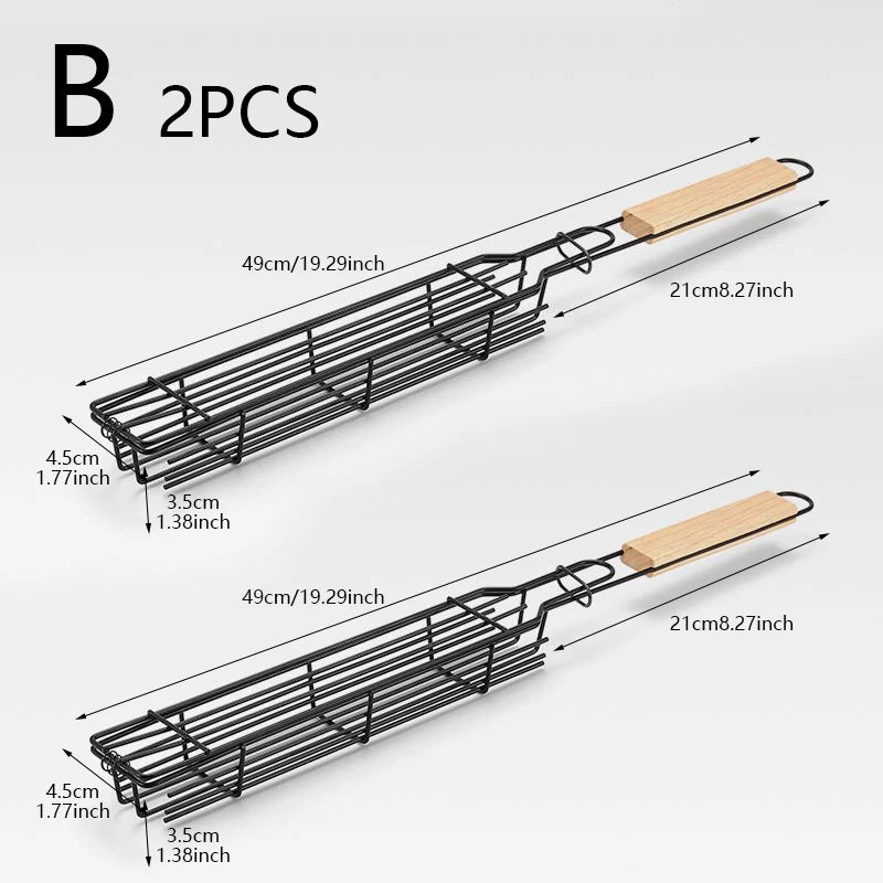 Portable BBQ Grilling Basket Stainless Steel Nonstick Barbecue Grill Basket Wooden Handle Grill Mesh Meat Picnic Roasting Tool Oasis Select B 2PC