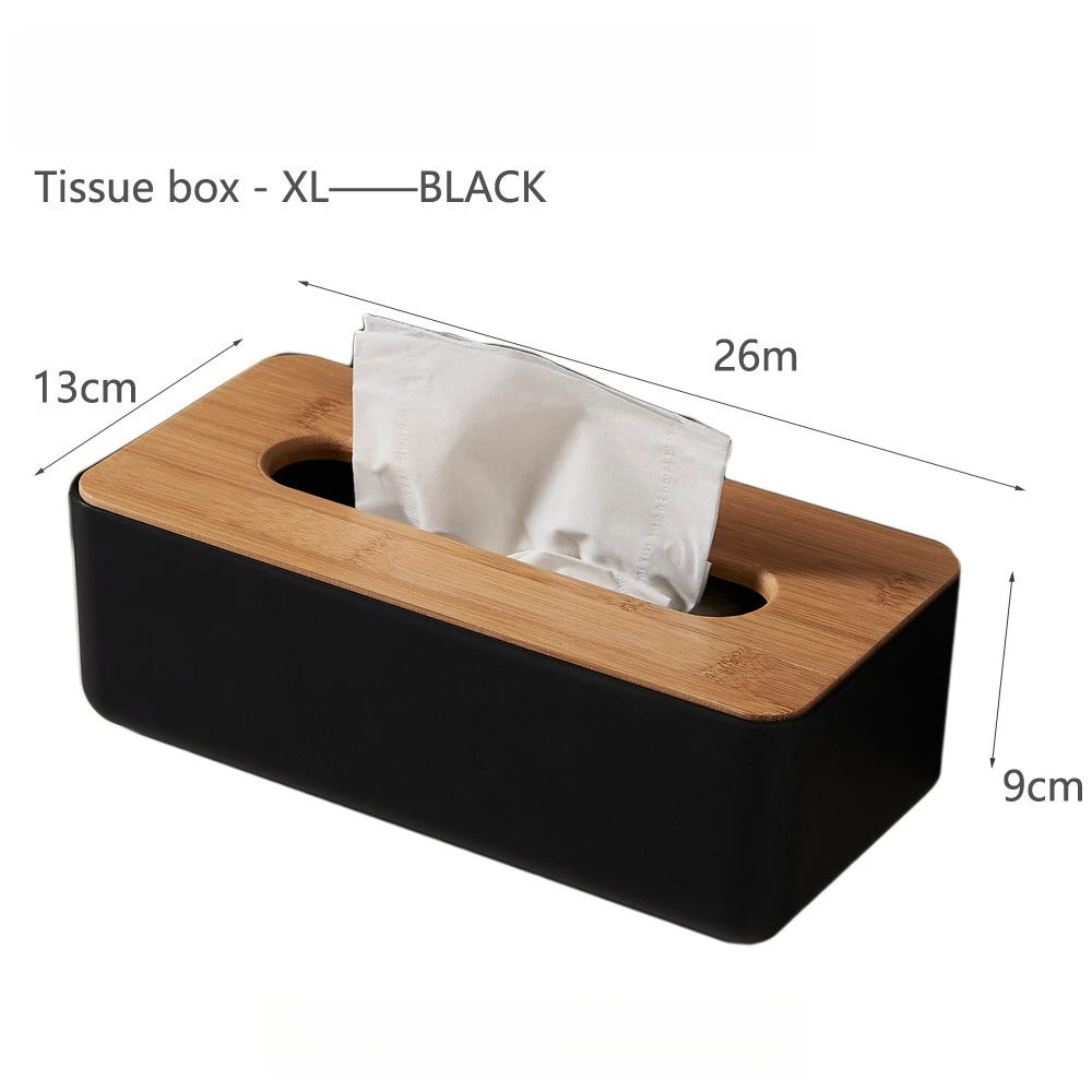 Bamboo Lid Plastic Tissue Box Organizer Rectangular Paper Towel Holder for Living Room Bathroom Kitchen Storage Oasis Select Black