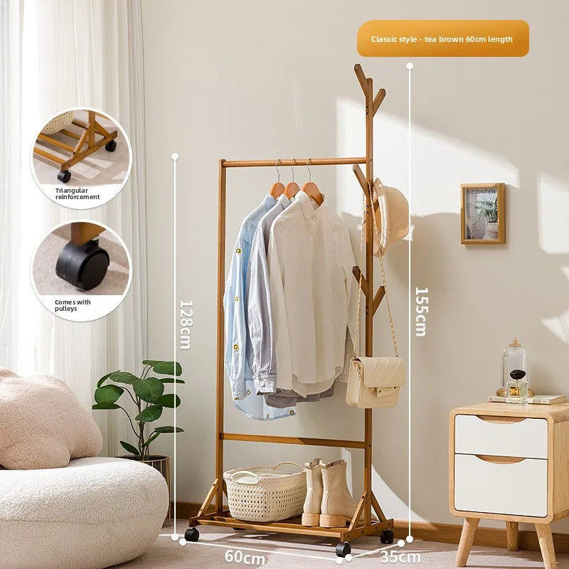 Simple coat rack Hanging hanger Floor to ceiling Living room Bedroom hanger Children's creative solid wooden clothes rack Oasis Select JD brown 60