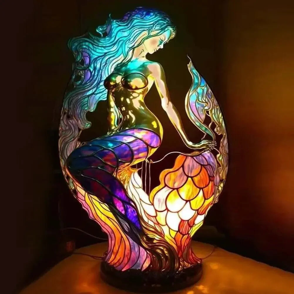 Resin Stained Glass Animal Table Light Night Light Owl Horse Rooster Elephant Table Lamp for Living Room Home Bedroom Decoration Oasis Select Mermaid