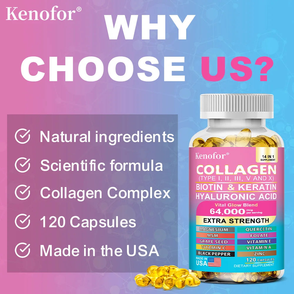 Multi Collagen Capsules - Types I, II, III, V & X Biotin Keratin Hyaluronic Acid MSM Zinc Magnesium,Hair Skin and Nails Vitamins Oasis Select