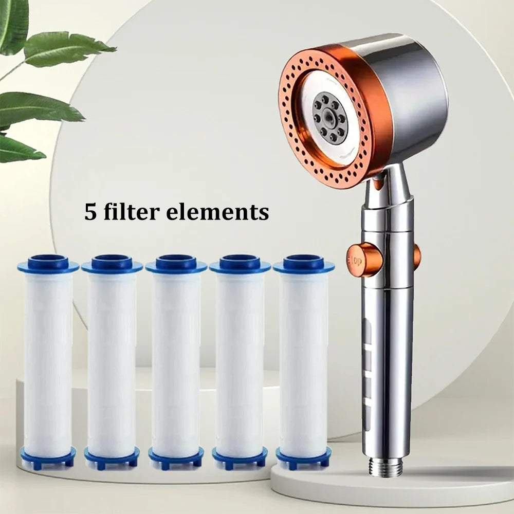 New High Pressure Water Saving Filter Shower Head 5 Modes Handheld Shower Head One Button Stop Bathroom Accessories Set Oasis Select Orange-pp cotton