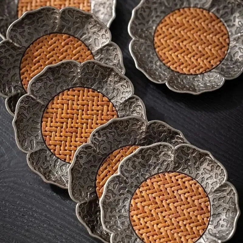 2pcs Chinese Hammer Patterned Alloy Rattan Mat Water Cup Pad Retro Rattan Woven Lotus Cup Holder Heat Insulation Pad Tea Set Pad Oasis Select