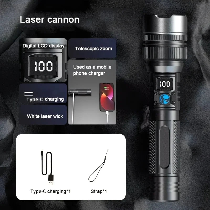 1/2PCS High-Power Flashlight Zoomable Focus Torch USB Rechargeable Flashlights with Strip LCD Smart Power Display for Outdoorr Oasis Select 1PC Built-in battery