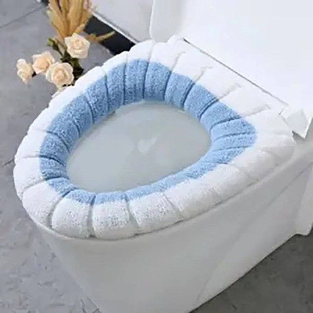 1Pcs Bathroom Toilet Seat Cover Mat Washable Warmer Bathroom Toilet Cushion With Handle Thicker Soft Knitting Closestool Pad Oasis Select White Blue